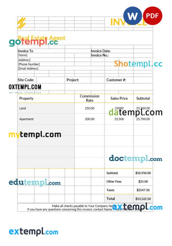 Real Estate Agent Invoice template in word and pdf format