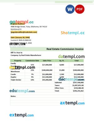 Real Estate Commission Invoice template in word and pdf format