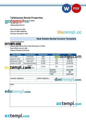 Real Estate Rental Invoice template in word and pdf format