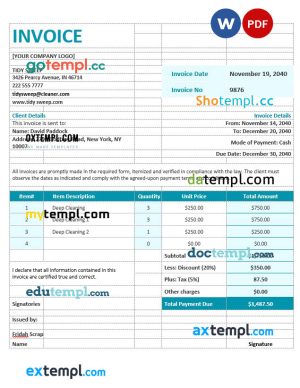 Residential Cleaning Invoice template in word and pdf format