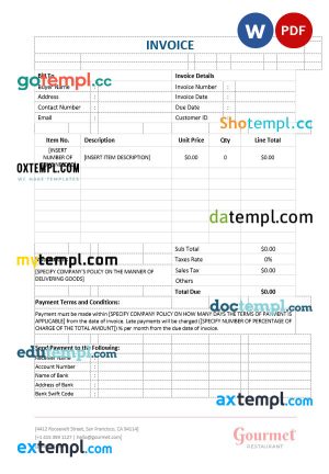 Restaurant Blank Invoice template in word and pdf format