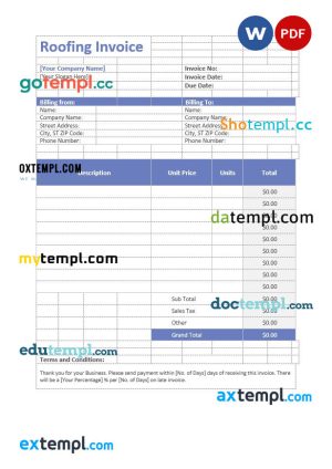 Roofing invoice template in word and pdf format