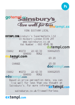 SAINSBURY'S payment receipt PSD template