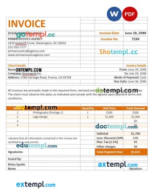 Sample Agency Invoice template in word and pdf format