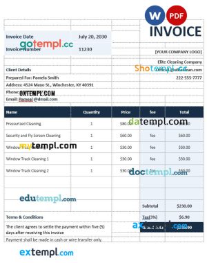 Sample Cleaning Service Invoice template in word and pdf format