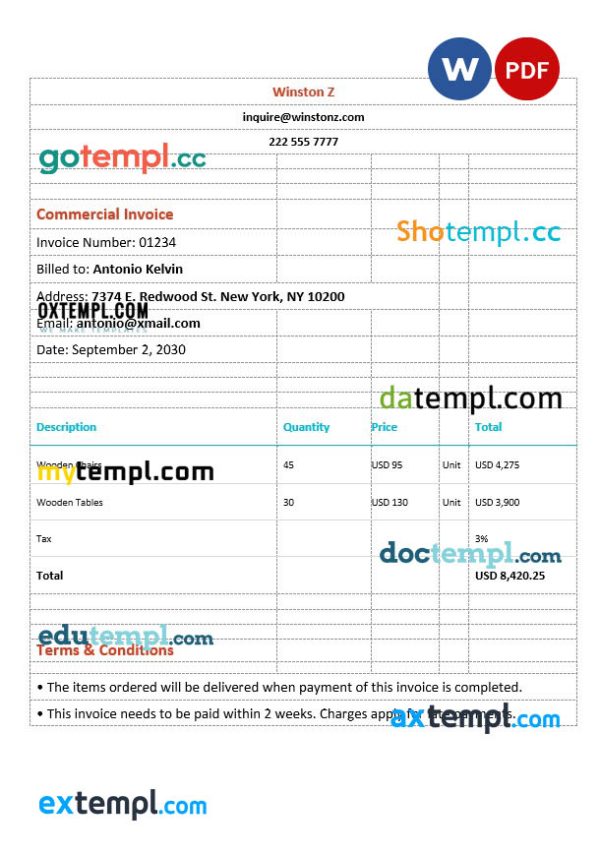 Sample Commercial Invoice template in word and pdf format