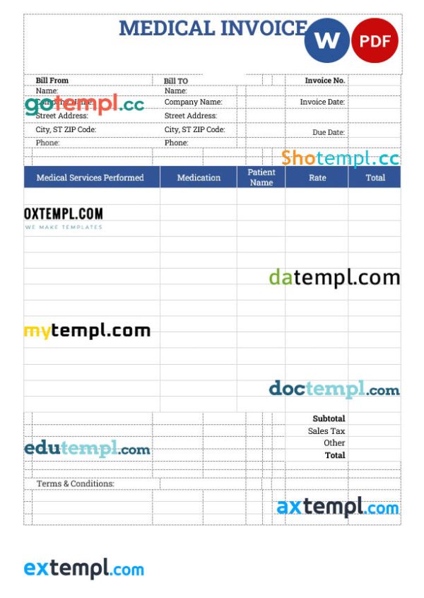 Sample Medical Invoice template in word and pdf format