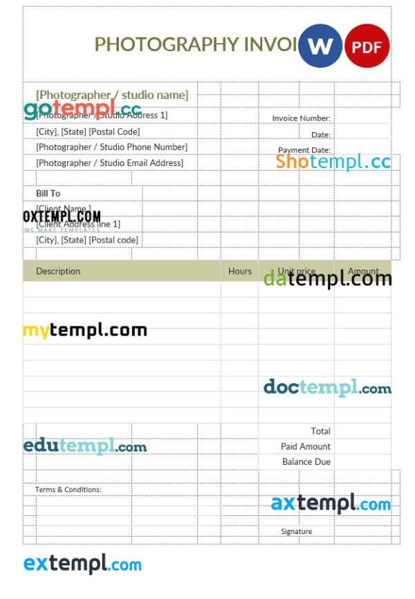 Sample Photography Invoice template in word and pdf format