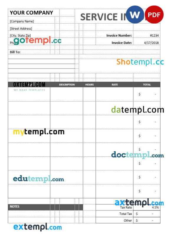 Sample Service Invoice template in word and pdf format