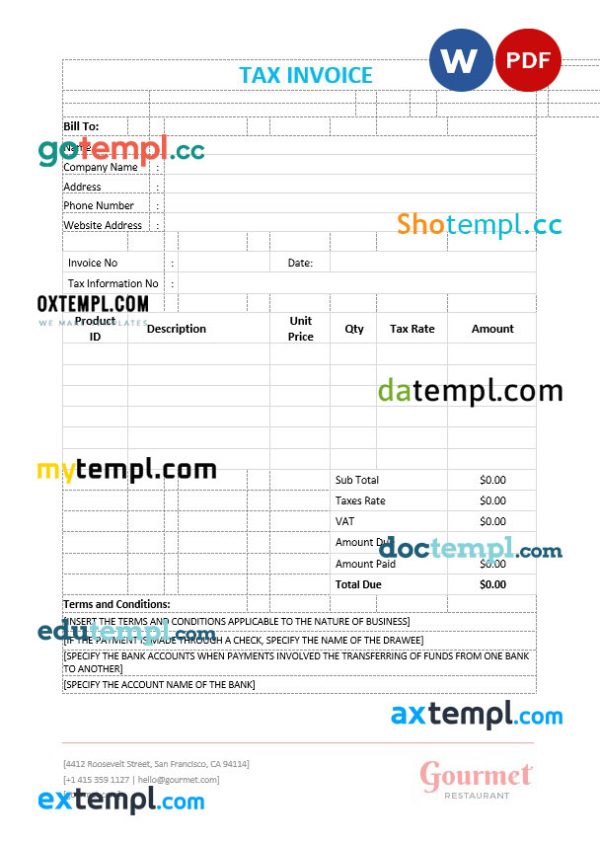 Sample Tax Invoice template in word and pdf format