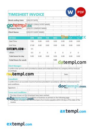 Sample Timesheet Invoice template in word and pdf format
