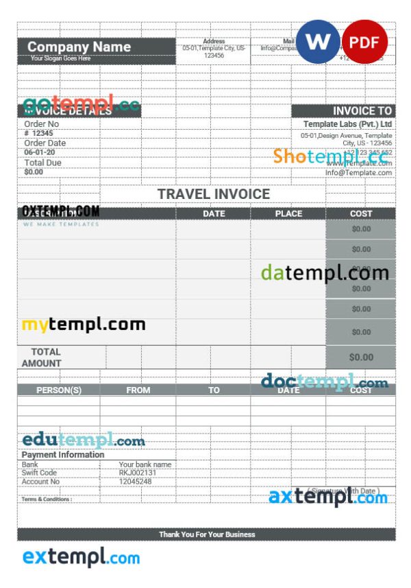 Sample Travel Invoice template in word and pdf format