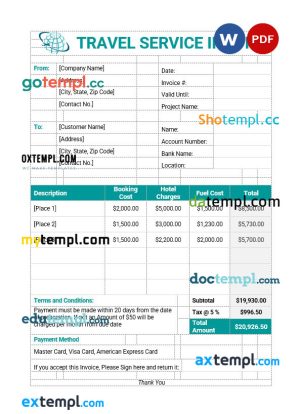 Sample Travel Service Invoice template in word and pdf format