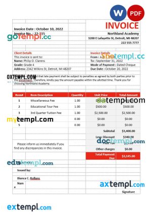 School Fees Invoice template in word and pdf format