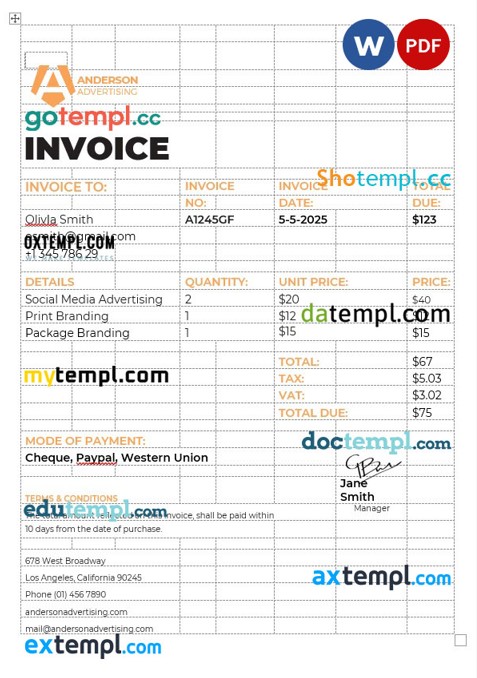 Advertising agency Invoice template in word and pdf format