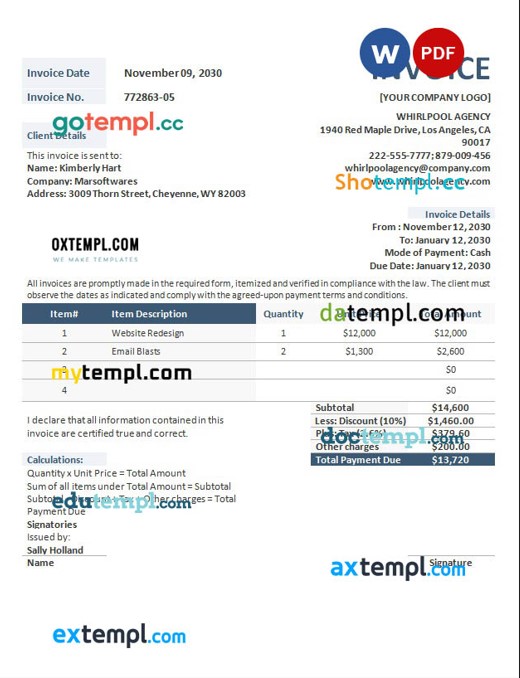 Advertising Agency Invoice Format template in word and pdf format