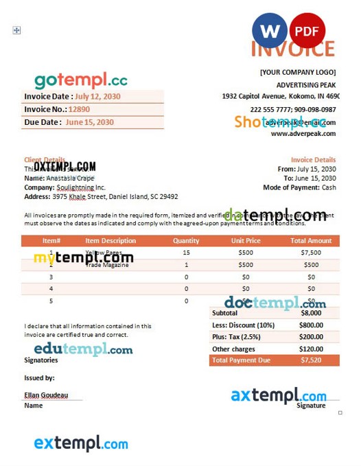 Advertising Company Invoice template in word and pdf format