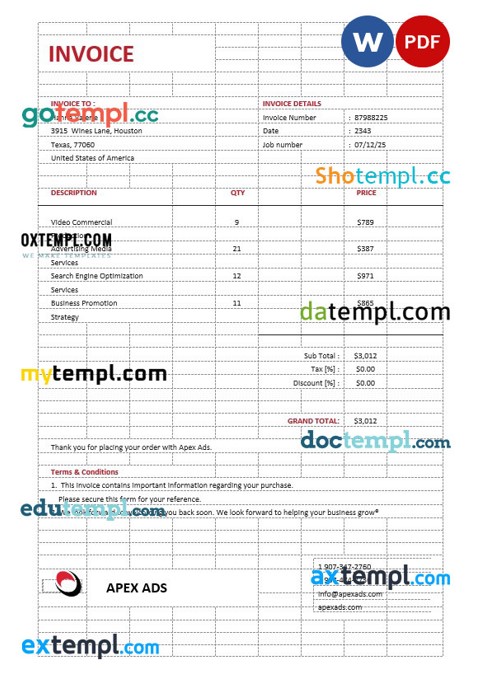 Advertising Consultant Invoice template in word and pdf format