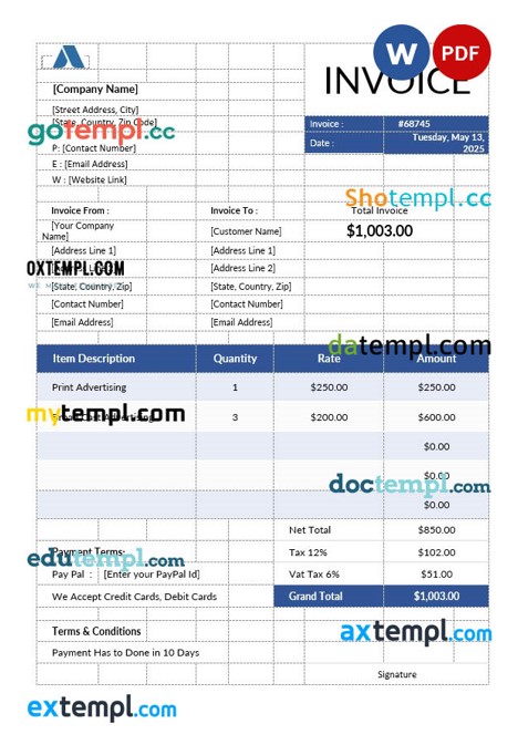 Advertising Invoice template in word and pdf format