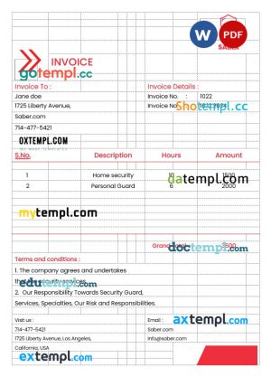 Security Guard Services Invoice template in word and pdf format