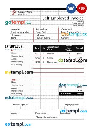Self Employment Hourly Invoice template in word and pdf format