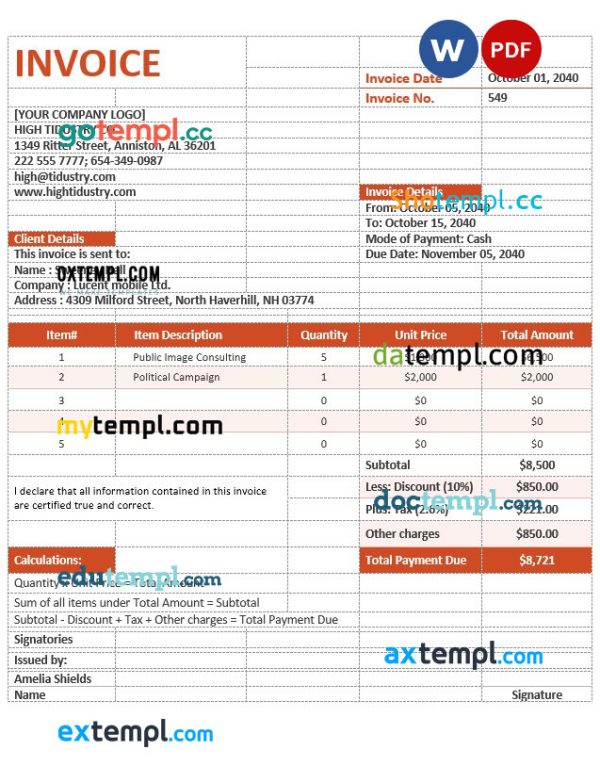 Simple Advertising Agency Invoice template in word and pdf format