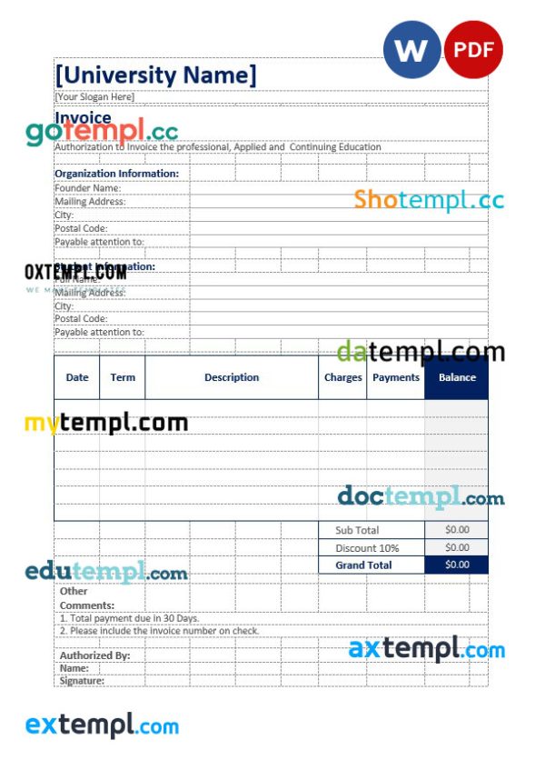 Simple Education Invoice template in word and pdf format