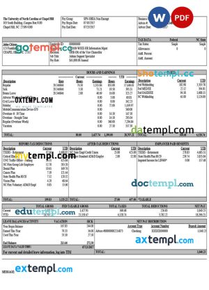 THE UNIVERSITY of North Carolina at Chapel Hill paystub template in Word and PDF formats