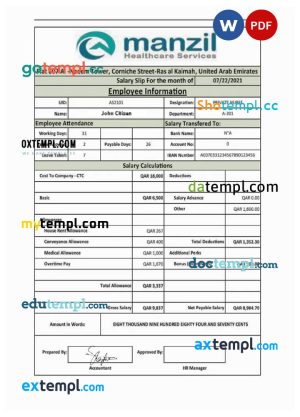 UAE MANZIL Healthcare Services salary slip template in Word and PDF formats