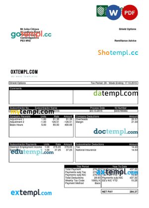 UNITED KINGDOM SHIELD contract services payslip pay stub template in Word and PDF formats
