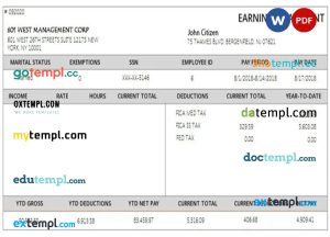 USA 601 WEST management corporation payslip template in Word and PDF formats