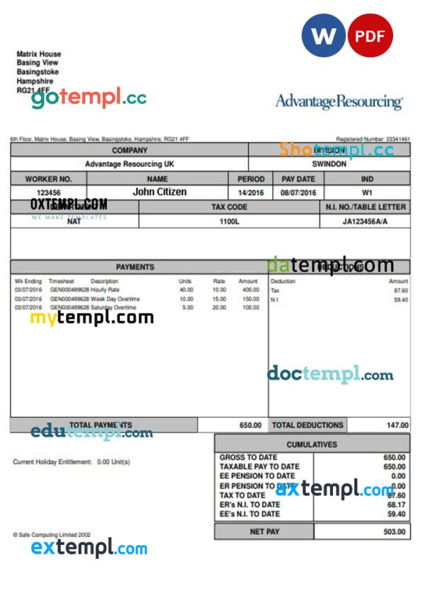 USA ADVANTAGE resourcing paystub template in Word and PDF formats