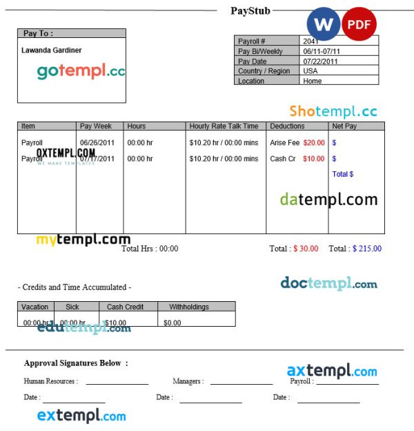 WAH PBC Paystub Word and PDF template