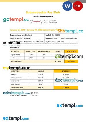 WWL Subcontractors pay stub template in PDF and Word formats