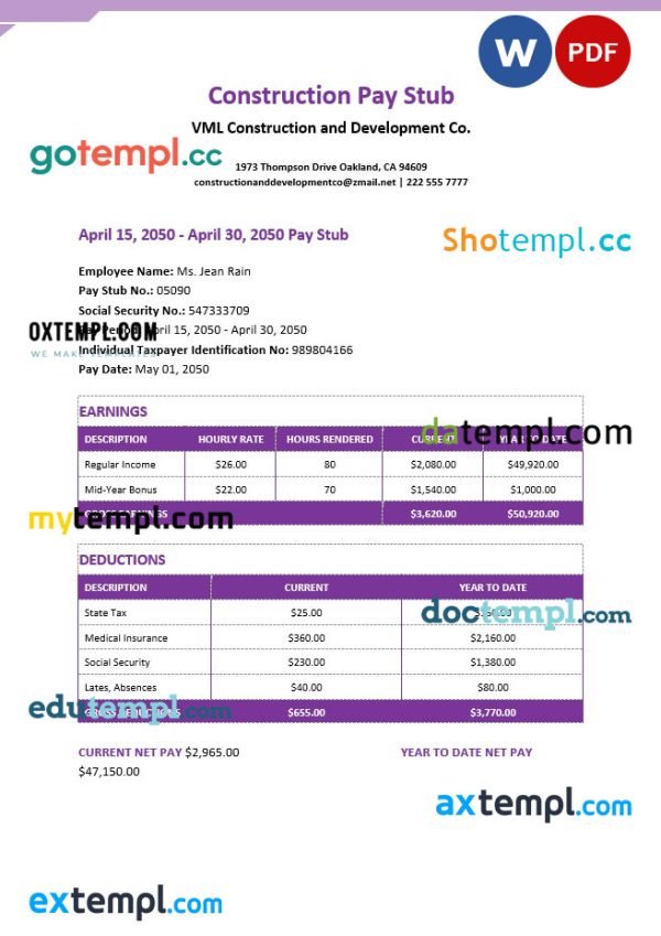 Construction pay stub Word and PDF template