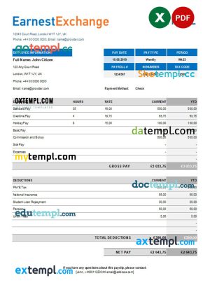 currency exchange company payroll template in Excel and PDF formats
