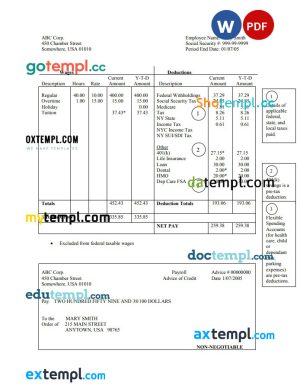 Employee hourly pay stub Word and PDF template