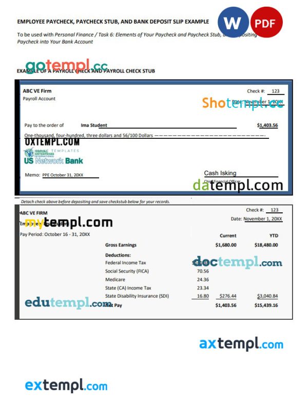 Employee paycheck, paycheck stub and bank deposit slip Word and PDF template