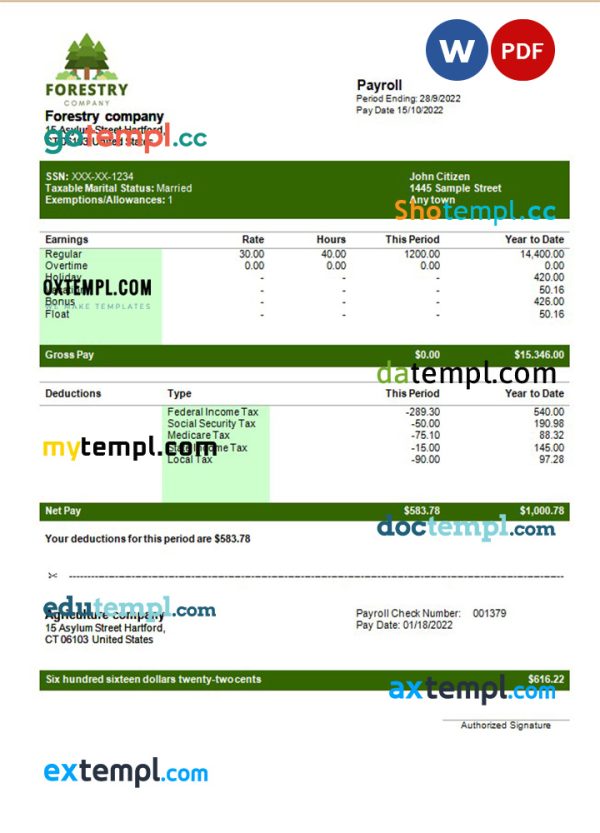 forestry company payslip template in Word and PDF formats