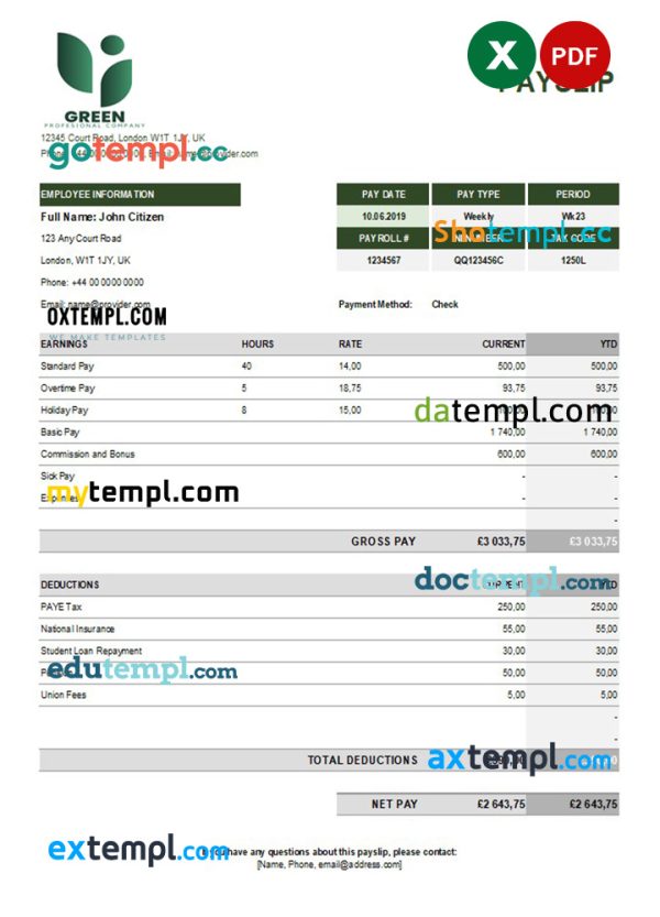 green industry earning statement template in Excel and PDF formats