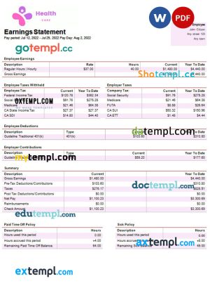 health services company paystub template in Word and PDF formats
