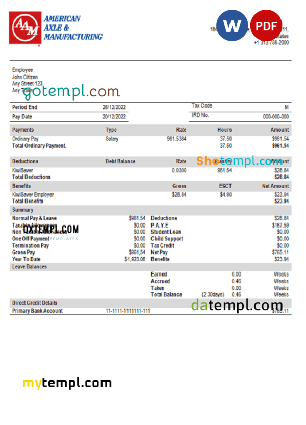 USA American Axle manufacturing company pay stub Word and PDF template