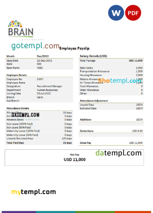 Fashion design company payslip template in Word and PDF formats