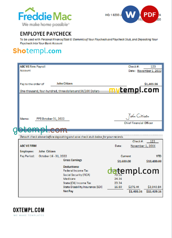 USA financial company employee sheet template in Word and PDF format, version 3