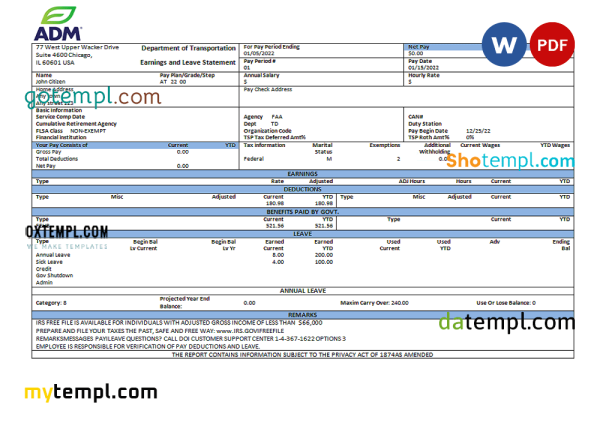 USA ADM food processing company pay stub Word and PDF template