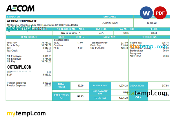 USA AECOM construction company pay stub Word and PDF template