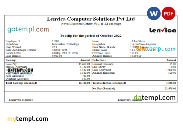 India Lenvica computer solutions company pay stub Word and PDF template