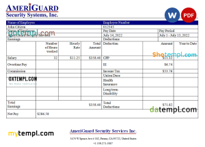 USA AmeriGuard Security Services Inc security company pay stub Word and PDF template