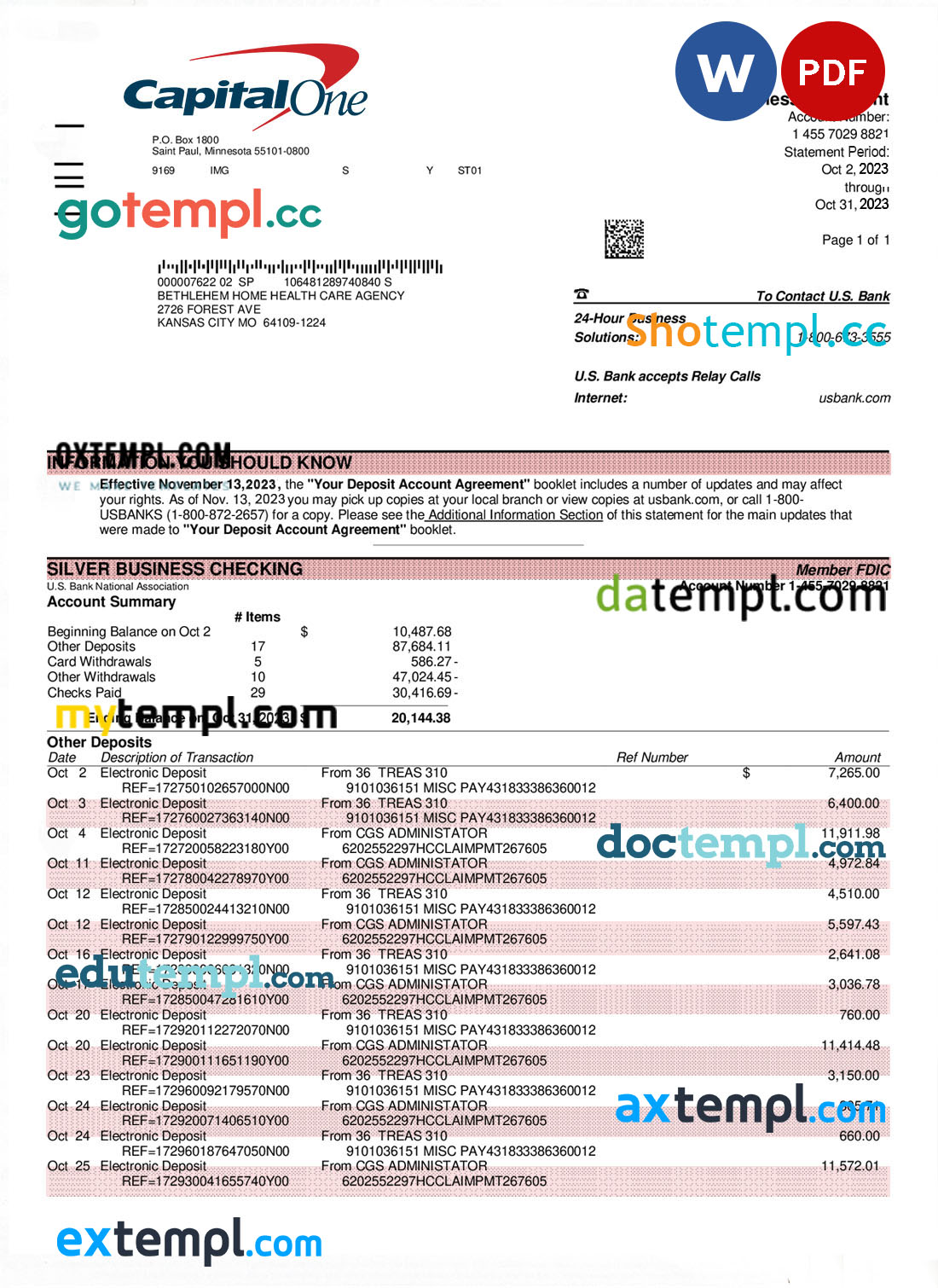 Capital One bank corporate account statement Word and PDF template