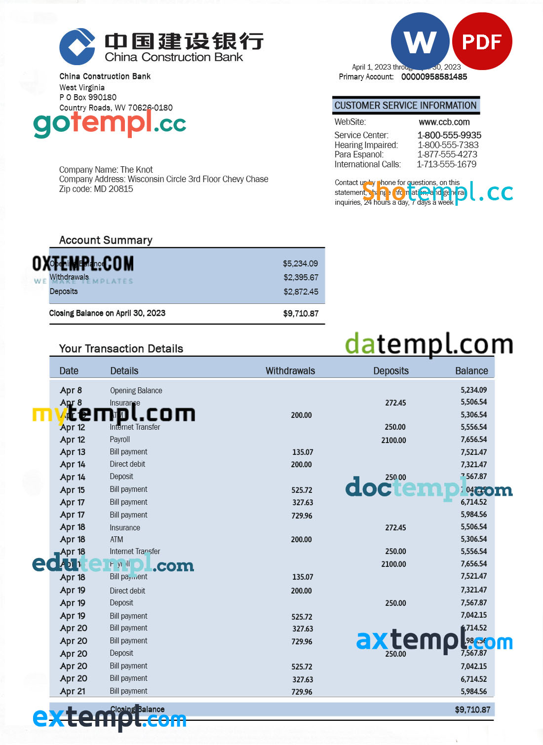 China Construction bank company statement Word and PDF template